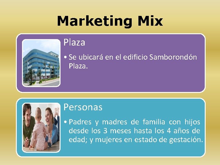 Marketing Mix Plaza • Se ubicará en el edificio Samborondón Plaza. Personas • Padres