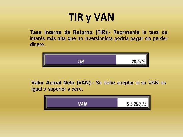 TIR y VAN Tasa Interna de Retorno (TIR). - Representa la tasa de interés