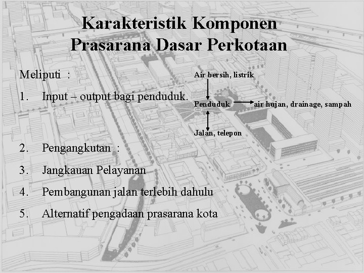 Karakteristik Komponen Prasarana Dasar Perkotaan Meliputi : 1. Input – output bagi penduduk. Air