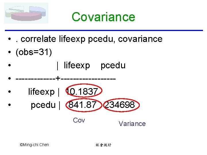 Covariance • . correlate lifeexp pcedu, covariance • (obs=31) • | lifeexp pcedu •