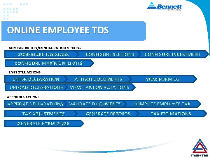 ONLINE EMPLOYEE TDS ADMINISTRATION/CONFIGURATION OPTIONS CONFIGURE TAX SLABS CONFIGURE SECTIONS CONFIGURE INVESTMENT CONFIGURE MAXIMUM