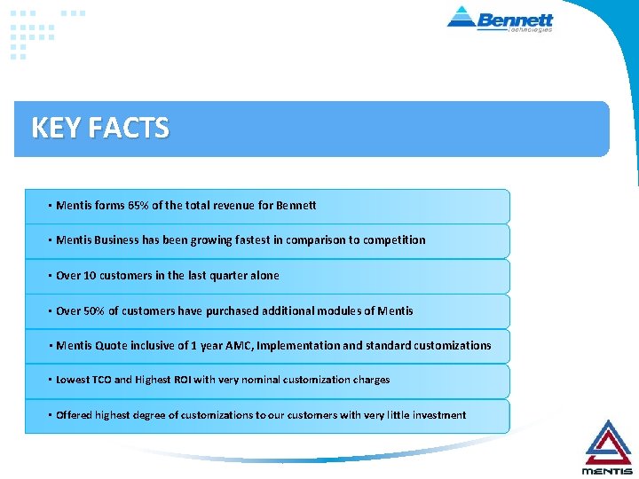 KEY FACTS • Mentis forms 65% of the total revenue for Bennett • Mentis KEY FACTS • Mentis forms 65% of the total revenue for Bennett • Mentis