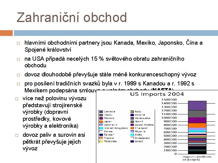 Zahraniční obchod hlavními obchodními partnery jsou Kanada, Mexiko, Japonsko, Čína a Spojené království na