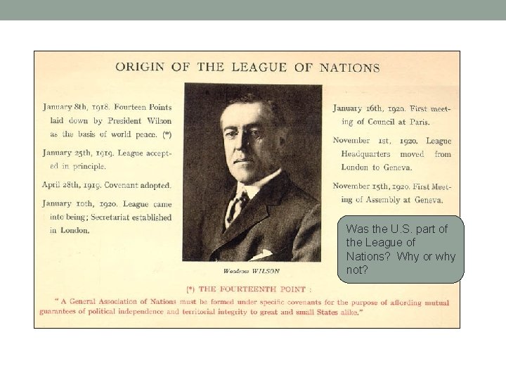 Was the U. S. part of the League of Nations? Why or why not?