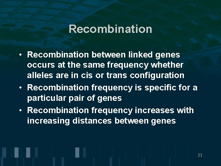 Recombination • Recombination between linked genes occurs at the same frequency whether alleles are Recombination • Recombination between linked genes occurs at the same frequency whether alleles are