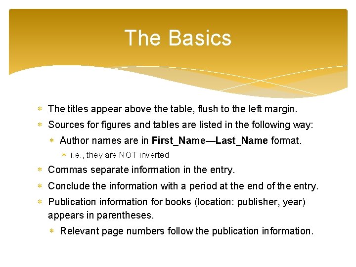 The Basics The titles appear above the table, flush to the left margin. Sources