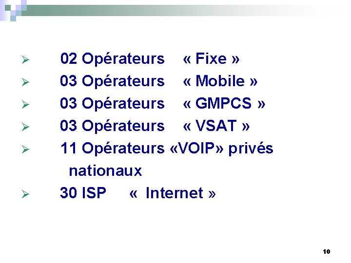 02 Opérateurs « Fixe » Ø 03 Opérateurs « Mobile » Ø 03 Opérateurs