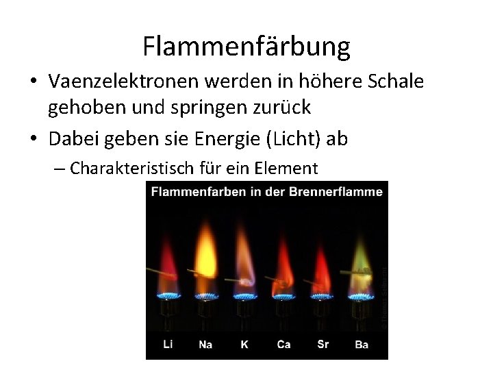 Flammenfärbung • Vaenzelektronen werden in höhere Schale gehoben und springen zurück • Dabei geben