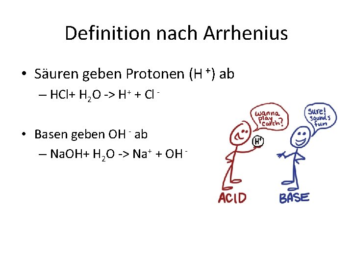 Definition nach Arrhenius • Säuren geben Protonen (H +) ab – HCl+ H 2