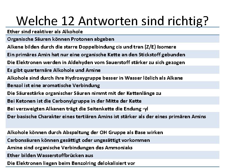 Welche 12 Antworten sind richtig? Ether sind reaktiver als Alkohole Organische Säuren können Protonen