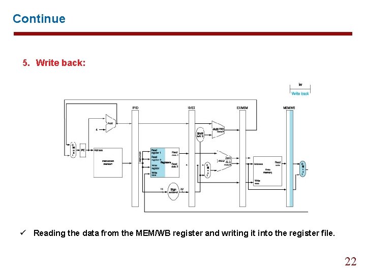 Continue 5. Write back: ü Reading the data from the MEM/WB register and writing