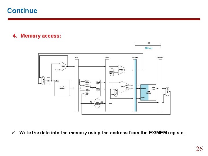 Continue 4. Memory access: ü Write the data into the memory using the address