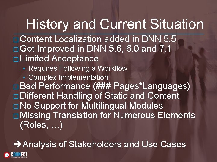 History and Current Situation � Content Localization added in DNN 5. 5 � Got