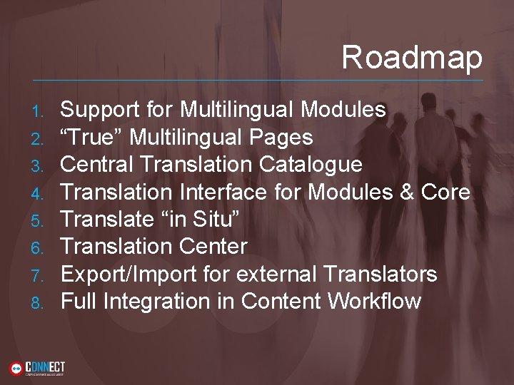 Roadmap 1. 2. 3. 4. 5. 6. 7. 8. Support for Multilingual Modules “True”