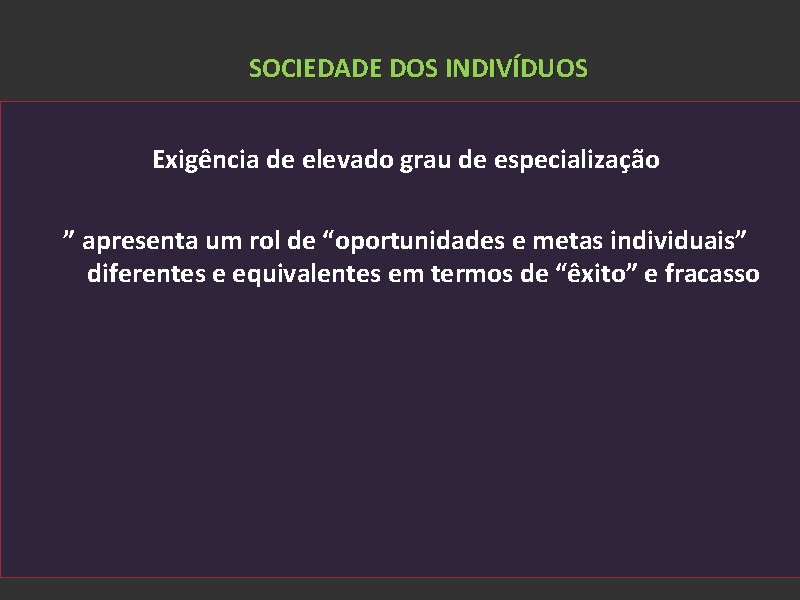 SOCIEDADE DOS INDIVÍDUOS Exigência de elevado grau de especialização ” apresenta um rol de