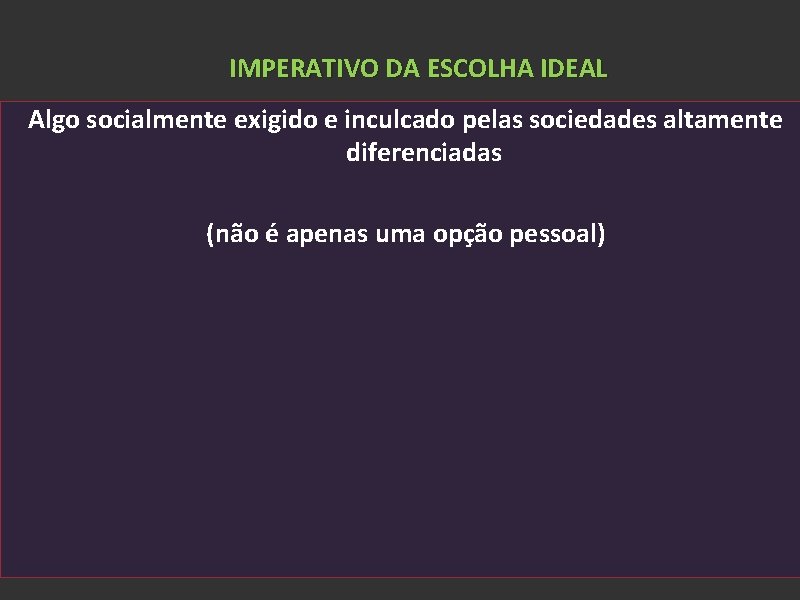 IMPERATIVO DA ESCOLHA IDEAL Algo socialmente exigido e inculcado pelas sociedades altamente diferenciadas (não