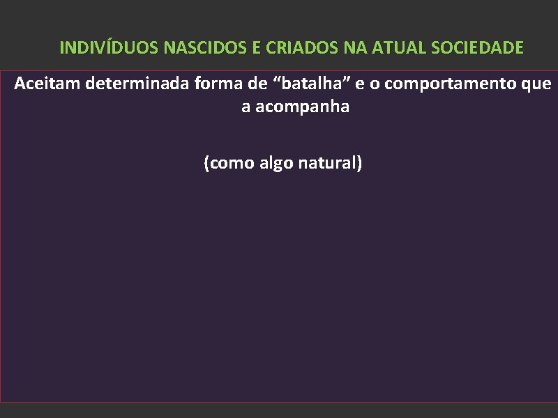 INDIVÍDUOS NASCIDOS E CRIADOS NA ATUAL SOCIEDADE Aceitam determinada forma de “batalha” e o