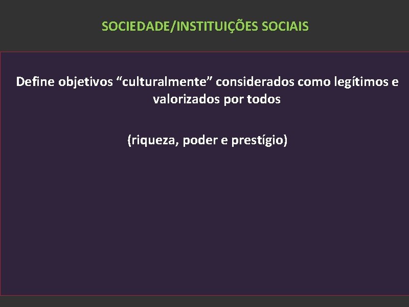 SOCIEDADE/INSTITUIÇÕES SOCIAIS Define objetivos “culturalmente” considerados como legítimos e valorizados por todos (riqueza, poder