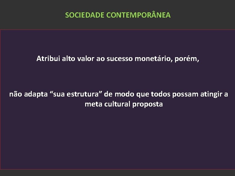 SOCIEDADE CONTEMPOR NEA Atribui alto valor ao sucesso monetário, porém, não adapta “sua estrutura”