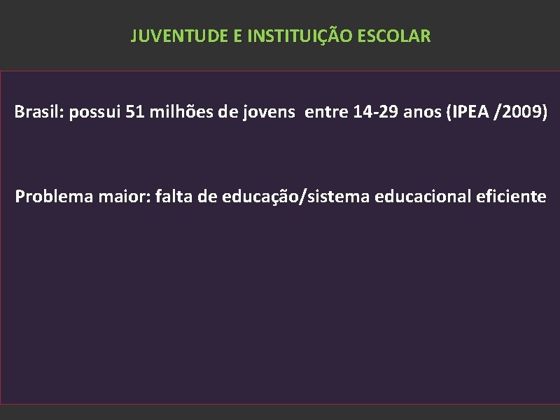 JUVENTUDE E INSTITUIÇÃO ESCOLAR Brasil: possui 51 milhões de jovens entre 14 -29 anos