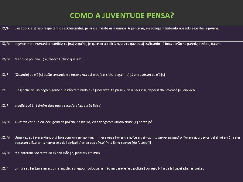 COMO A JUVENTUDE PENSA? JO/F Eles [policiais] não respeitam os adolescentes, principalmente os meninos.