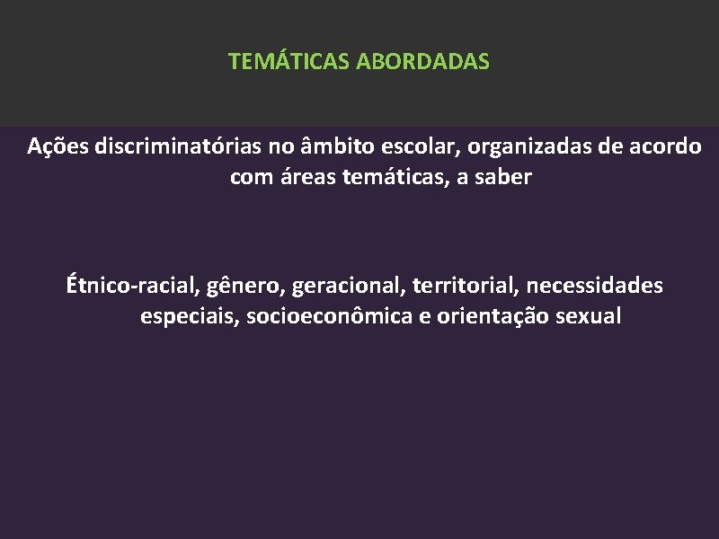 TEMÁTICAS ABORDADAS Ações discriminatórias no âmbito escolar, organizadas de acordo com áreas temáticas, a
