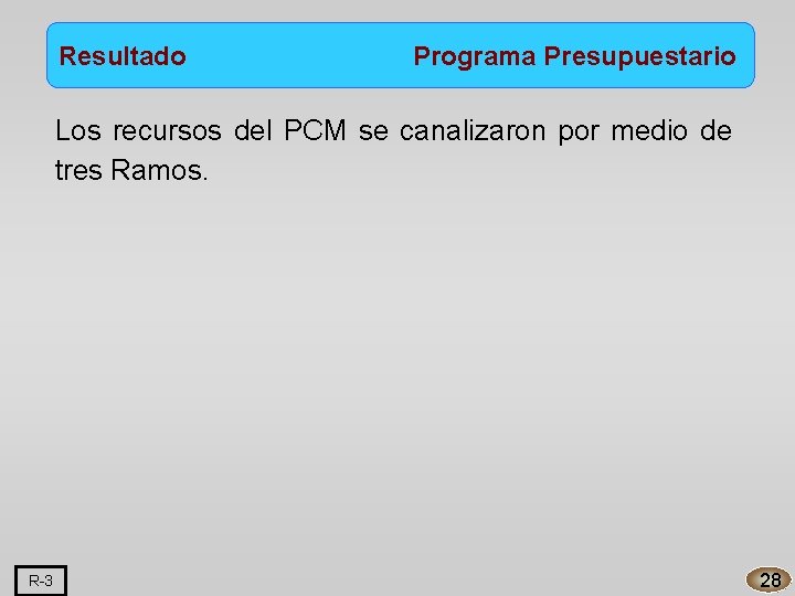 Resultado Programa Presupuestario Los recursos del PCM se canalizaron por medio de tres Ramos.