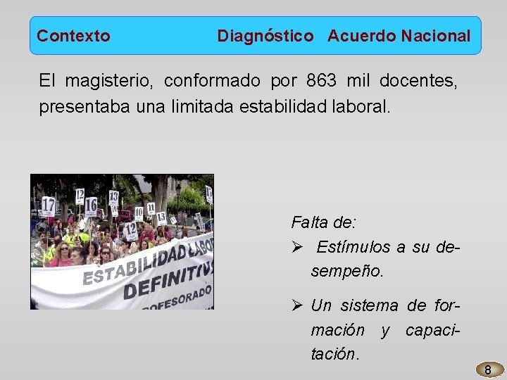 Contexto Diagnóstico Acuerdo Nacional El magisterio, conformado por 863 mil docentes, presentaba una limitada