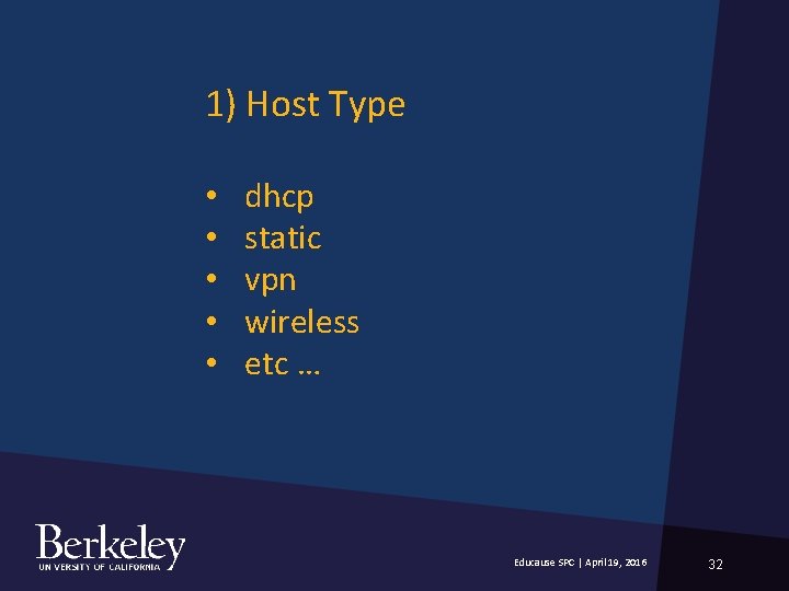 1) Host Type • • • dhcp static vpn wireless etc … Educause SPC 1) Host Type • • • dhcp static vpn wireless etc … Educause SPC