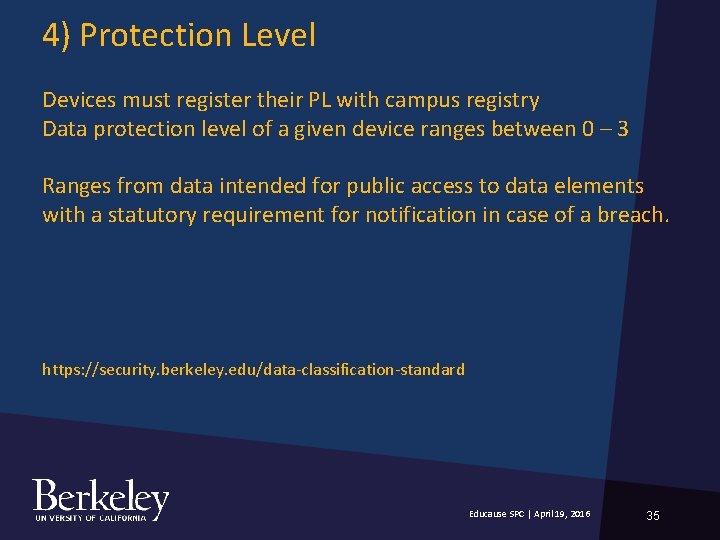 4) Protection Level Devices must register their PL with campus registry Data protection level 4) Protection Level Devices must register their PL with campus registry Data protection level