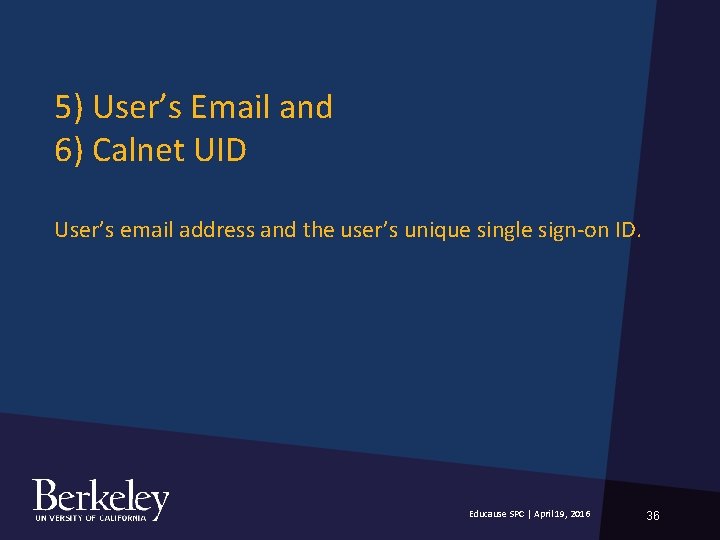 5) User’s Email and 6) Calnet UID User’s email address and the user’s unique 5) User’s Email and 6) Calnet UID User’s email address and the user’s unique
