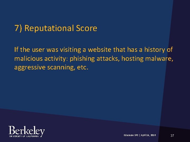 7) Reputational Score If the user was visiting a website that has a history 7) Reputational Score If the user was visiting a website that has a history