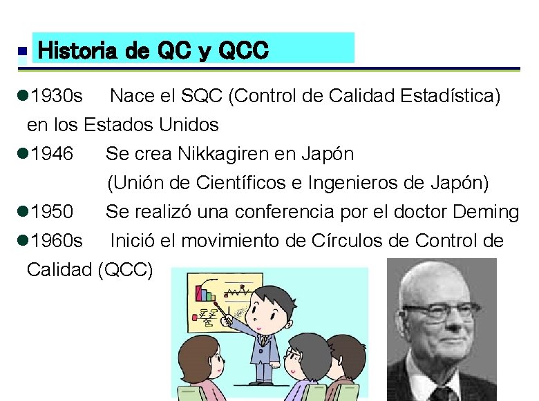 Historia de QC y QCC l 1930 s Nace el SQC (Control de Calidad