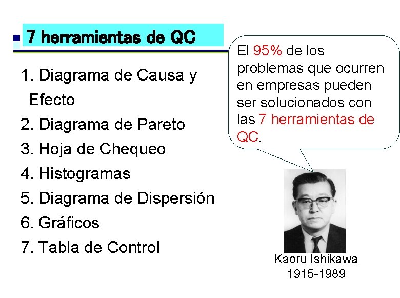 7 herramientas de QC 1. Diagrama de Causa y Efecto 2. Diagrama de Pareto