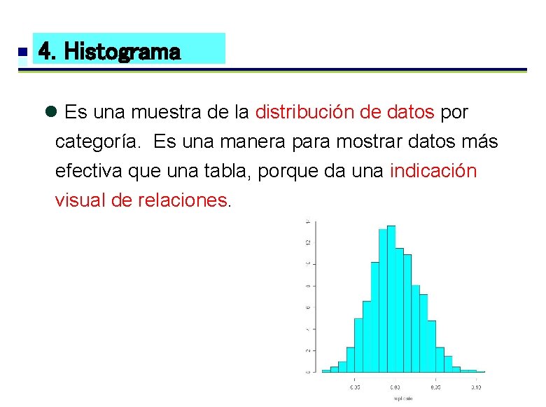 4. Histograma l Es una muestra de la distribución de datos por categoría. Es