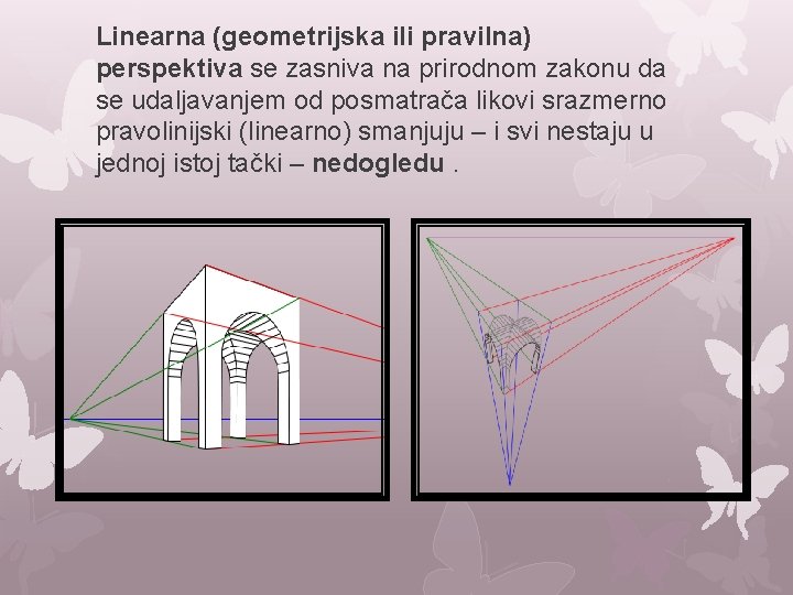 Linearna (geometrijska ili pravilna) perspektiva se zasniva na prirodnom zakonu da se udaljavanjem od