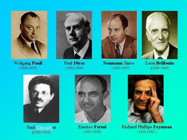Wolgang Pauli Paul Dirac (1900 -1958) (1902 -1984) Paul Ehrenfest (1880 -1933) Neumann János