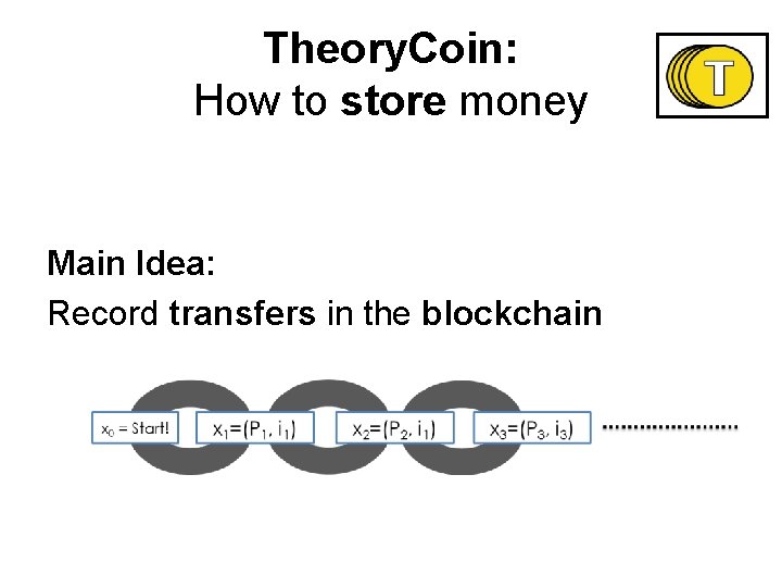 Theory. Coin: How to store money Main Idea: Record transfers in the blockchain Theory. Coin: How to store money Main Idea: Record transfers in the blockchain