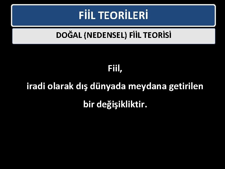 FİİL TEORİLERİ DOĞAL (NEDENSEL) FİİL TEORİSİ Fiil, iradi olarak dış dünyada meydana getirilen bir