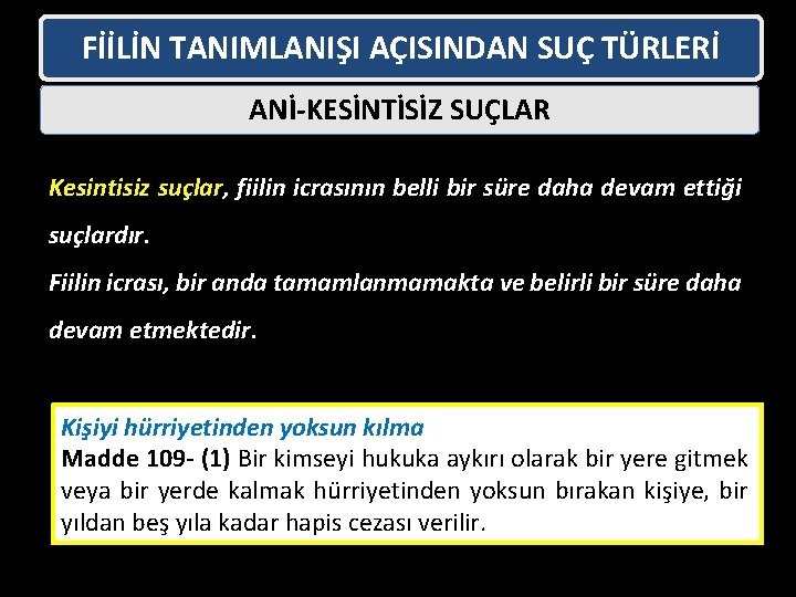 FİİLİN TANIMLANIŞI AÇISINDAN SUÇ TÜRLERİ ANİ-KESİNTİSİZ SUÇLAR Kesintisiz suçlar, fiilin icrasının belli bir süre