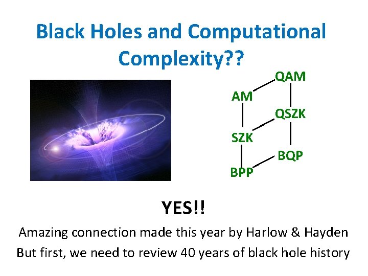 Black Holes and Computational Complexity? ? QAM AM QSZK BPP BQP YES!! Amazing connection