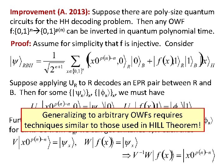 Improvement (A. 2013): Suppose there are poly-size quantum circuits for the HH decoding problem.