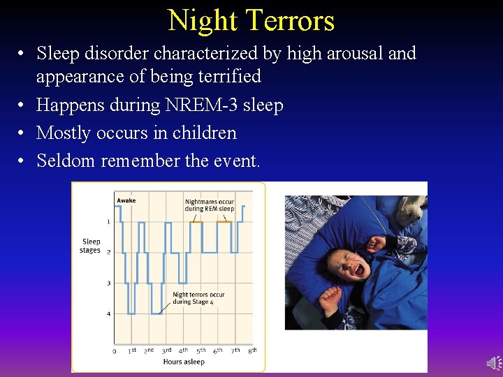 Night Terrors • Sleep disorder characterized by high arousal and appearance of being terrified