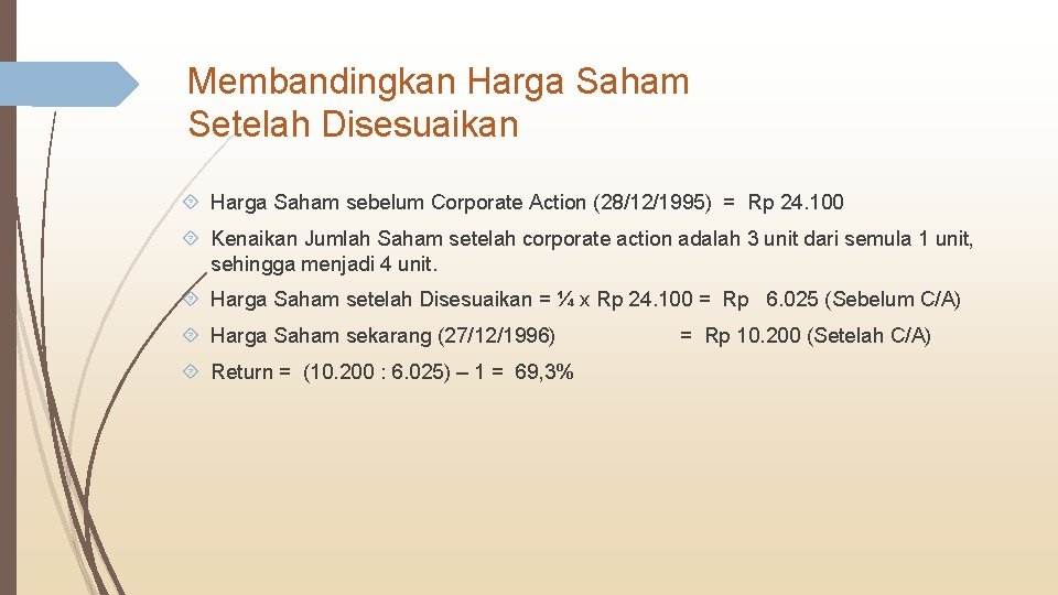 Membandingkan Harga Saham Setelah Disesuaikan Harga Saham sebelum Corporate Action (28/12/1995) = Rp 24.