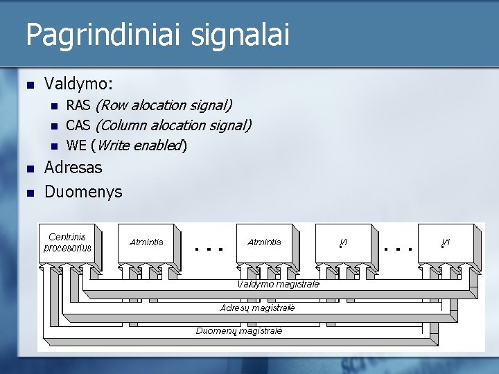 Pagrindiniai signalai n Valdymo: n n n RAS (Row alocation signal) CAS (Column alocation