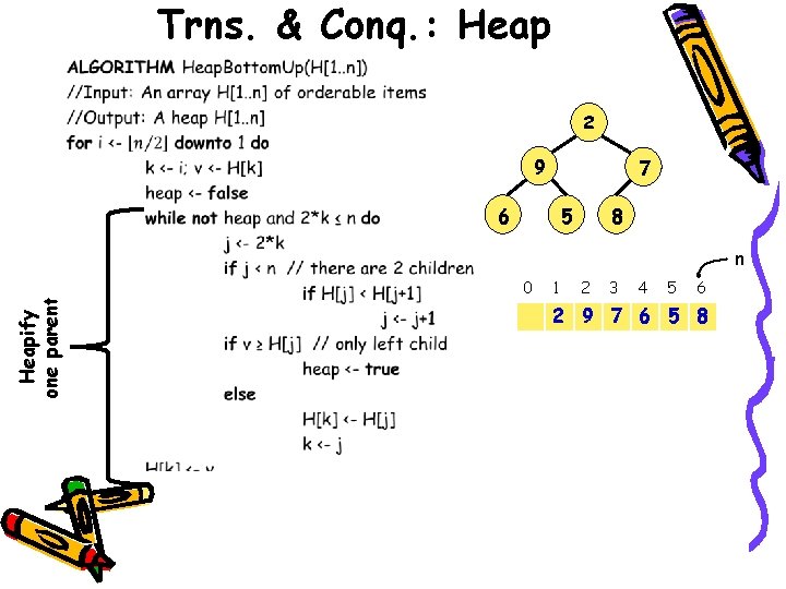 Trns. & Conq. : Heap • 2 9 7 6 5 8 Heapify one