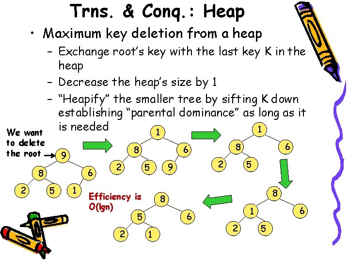 Trns. & Conq. : Heap • Maximum key deletion from a heap – Exchange