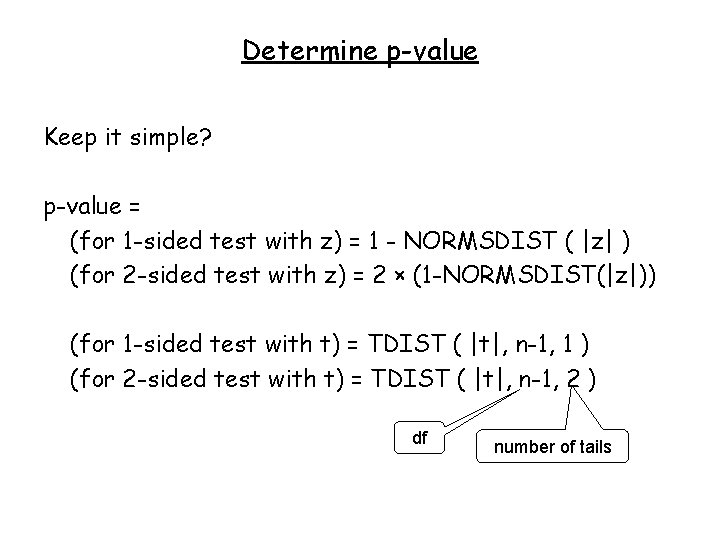 Determine p-value Keep it simple? p-value = (for 1 -sided test with z) =