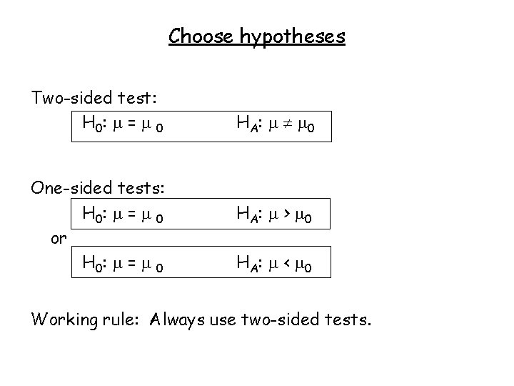 Choose hypotheses Two-sided test: H 0 : = 0 One-sided tests: H 0 :