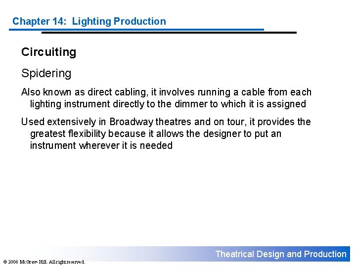 Chapter 14: Lighting Production Circuiting Spidering Also known as direct cabling, it involves running